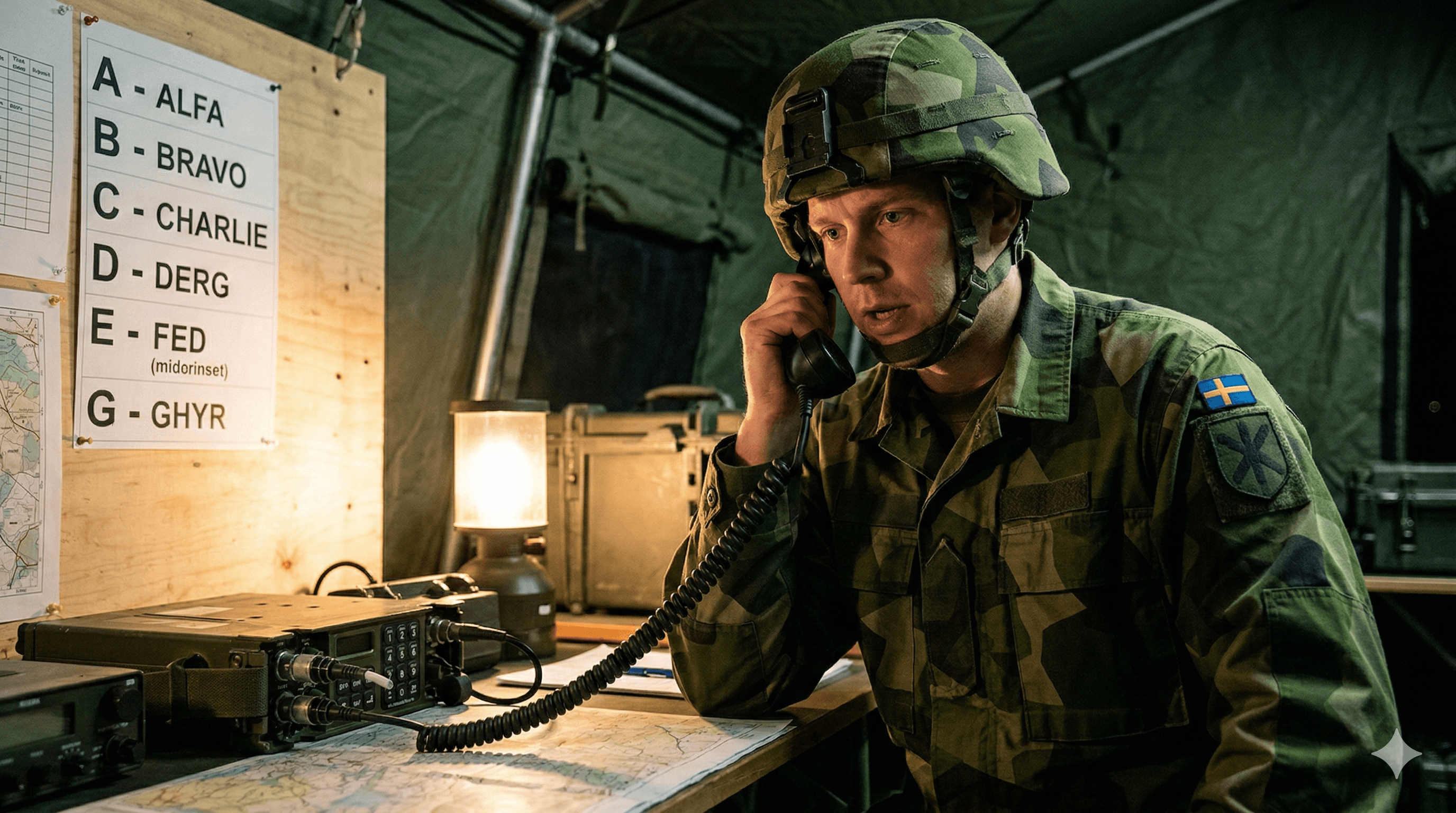 Radioalfabetet – soldat kommunicerar via militärradio